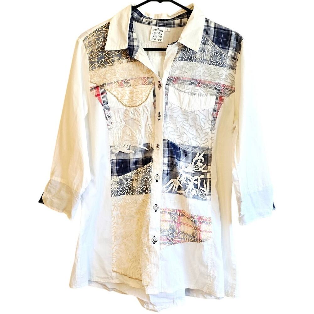 Paisley & Sage white patchwork lace button down shirt size Large women's
